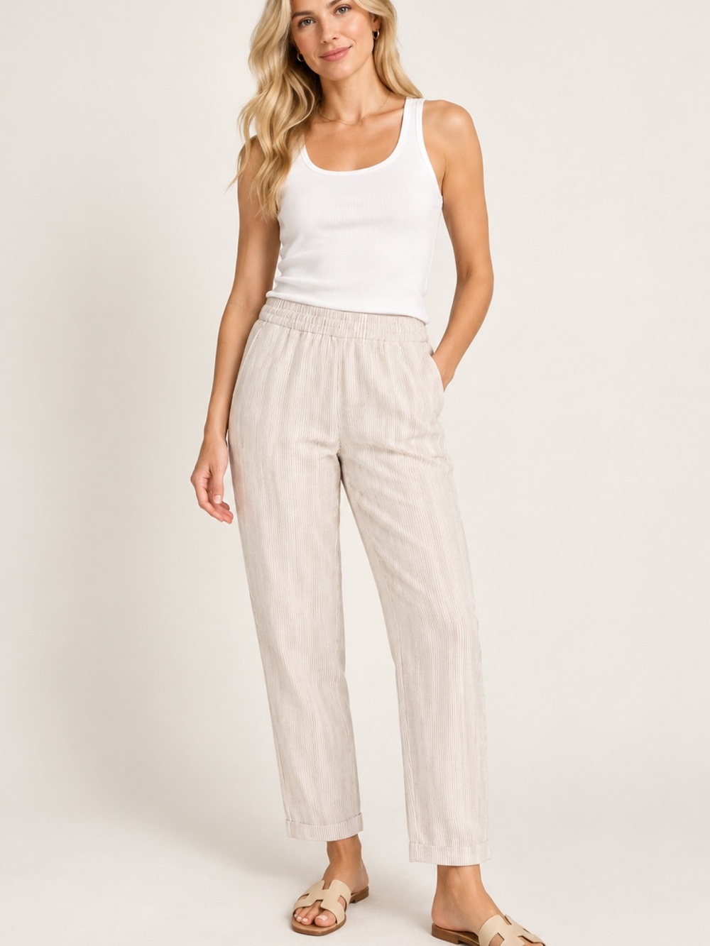 J.Crew Factory Linen Cotton Striped Drawstring Pants Size 4 Beige White